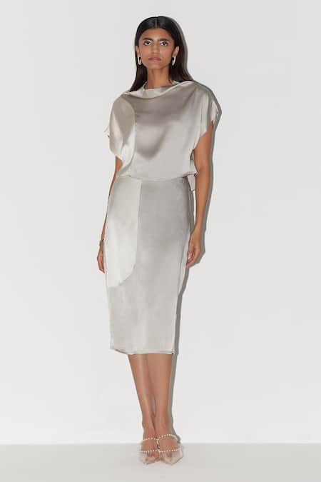 Febo6_Silk Satin Cowl Neck Audrey Color Block Top And Skirt Set _Online_at_Aza_Fashions