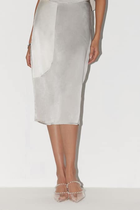 Buy_Febo6_Silk Satin Cowl Neck Audrey Color Block Top And Skirt Set _Online_at_Aza_Fashions