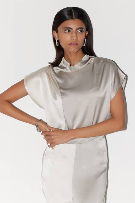 Febo6_Silk Satin Cowl Neck Audrey Color Block Top And Skirt Set _at_Aza_Fashions