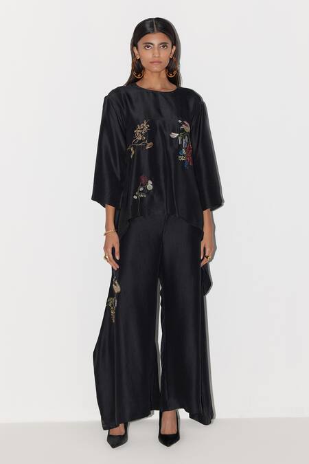 Febo6_Black Silk Embroidery Flower Vine Placement Trouser _Online_at_Aza_Fashions