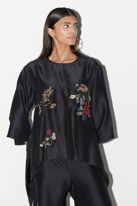 Buy_Febo6_Black Silk Embroidery Round Neck Flower Vine Top With Trouser _Online_at_Aza_Fashions