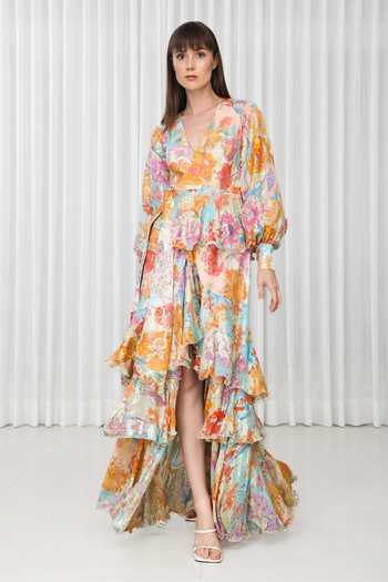 Buy_Mandira Wirk_Multi Color Organza, Brocade V-neck Hibiscus Print Layered Dress _Online_at_Aza_Fashions
