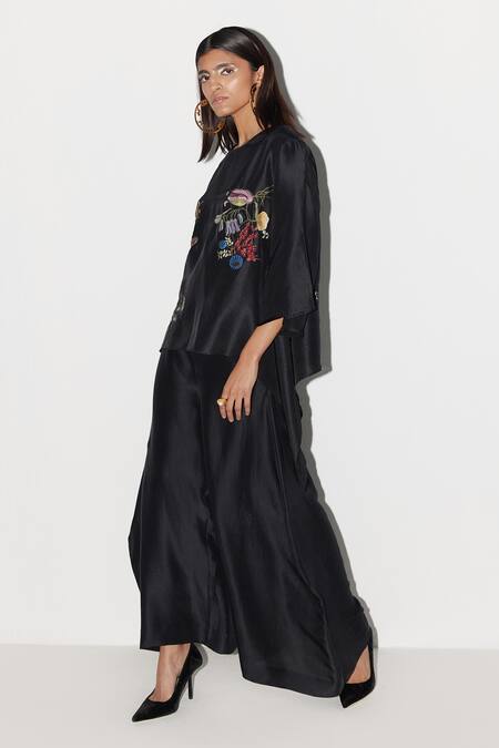 Shop_Febo6_Black Silk Embroidery Flower Vine Placement Trouser _Online_at_Aza_Fashions