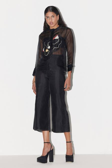 Febo6_Black Organza Wide Legged Pant _Online_at_Aza_Fashions