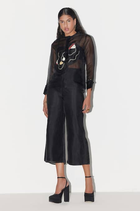 Febo6_Black Silk Organza Embroidery Collared Floral Bloom Top _Online_at_Aza_Fashions