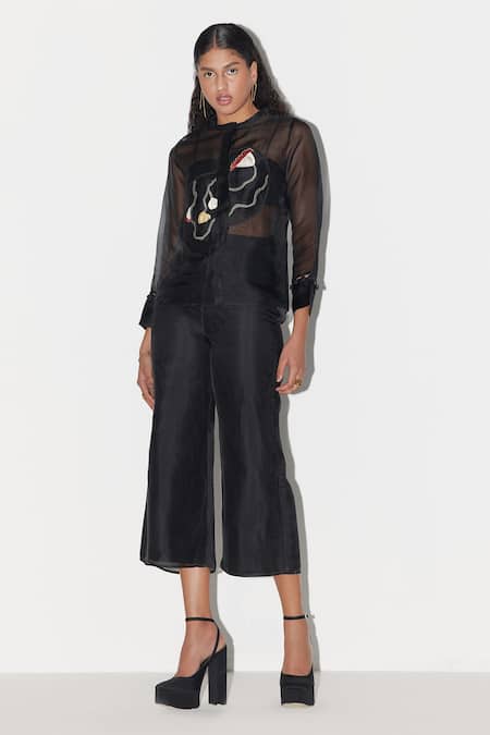 Febo6 Black Silk Organza Embroidery Collared Bloom Top And Pant Set Online at Aza Fashions Febo6_Black Silk Organza Embroidery Collared Bloom Top And Pant Set _Online_at_Aza_Fashions