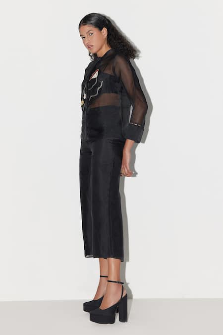 Buy_Febo6_Black Silk Organza Embroidery Collared Floral Bloom Top _Online_at_Aza_Fashions