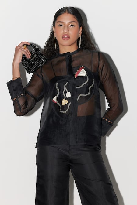 Shop Febo6 Black Silk Organza Embroidery Collared Bloom Top And Pant Set Online at Aza Fashions Shop_Febo6_Black Silk Organza Embroidery Collared Bloom Top And Pant Set _Online_at_Aza_Fashions