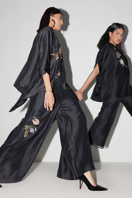 Febo6_Black Silk Embroidery Flower Vine Placement Trouser _at_Aza_Fashions