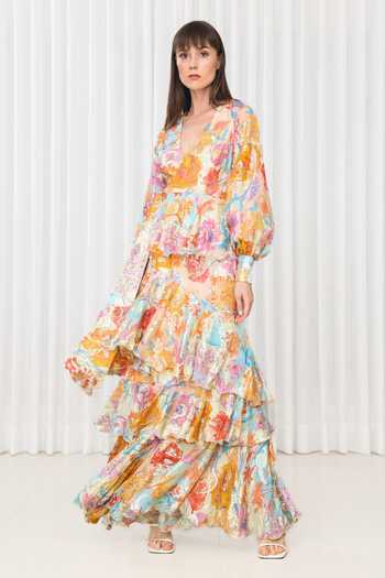 Shop_Mandira Wirk_Multi Color Organza, Brocade V-neck Hibiscus Print Layered Dress _Online_at_Aza_Fashions