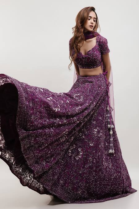 Kalighata Purple Organza, Net Cut Work, Sequins Floral Embellished Bridal Lehenga Set Online at Aza Fashions Kalighata_Purple Organza, Net Cut Work, Sequins Floral Embellished Bridal Lehenga Set _Online_at_Aza_Fashions