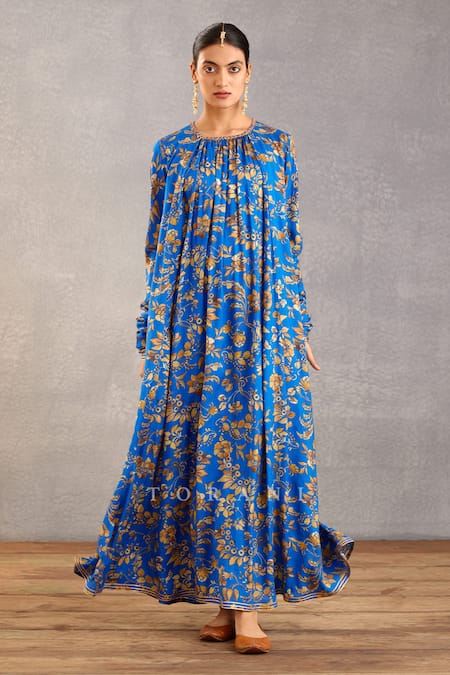 Buy_Torani_Blue Silk Round Neck Rang Shyam Amrut Maxi Dress _Online_at_Aza_Fashions