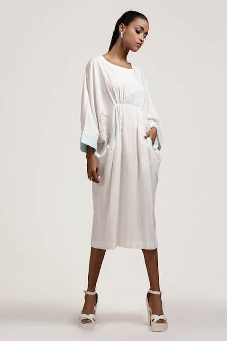 Shop Jyoti Sachdev Iyer White Bamboo Round Draped Midi Dress at Aza Fashions Shop_Jyoti Sachdev Iyer_White Bamboo Round Draped Midi Dress _at_Aza_Fashions