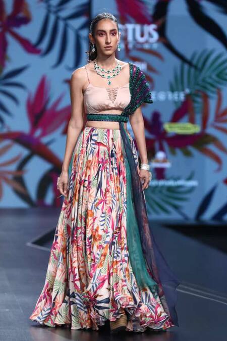 Shop_Mahima Mahajan_Beige Wrinkle Crepe U Neck Printed Lehenga Set_at_Aza_Fashions