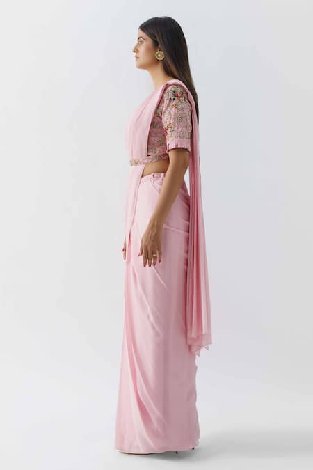Suruchi Parakh_Pink Georgette Crepe, Lining Shantoon Pre-draped Saree With Embroidered Blouse _Online_at_Aza_Fashions