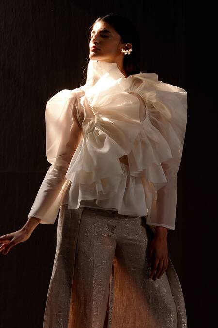 Febo6_White Silk Organza Round Neck Swan Layered Ruffle Top _Online_at_Aza_Fashions