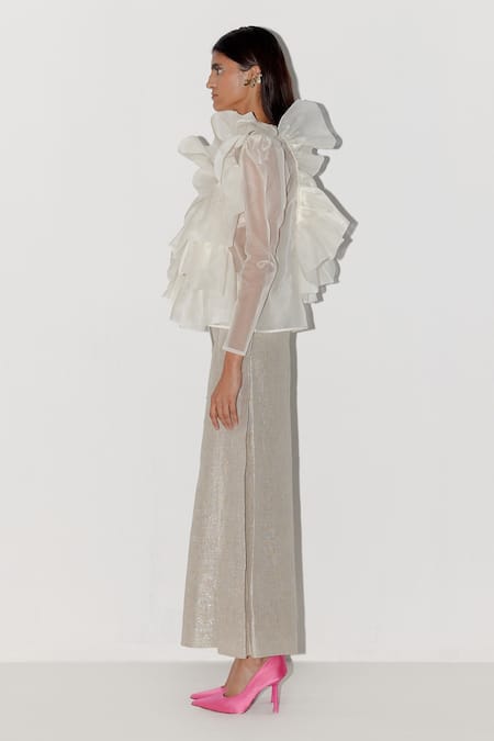 Buy_Febo6_White Silk Organza Round Neck Swan Layered Ruffle Top _Online_at_Aza_Fashions