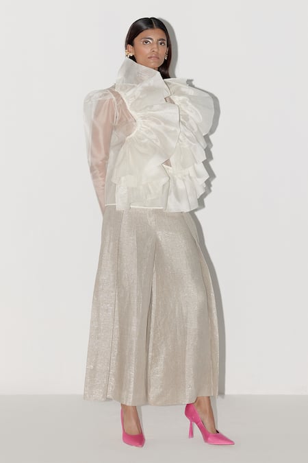 Shop_Febo6_White Silk Organza Round Neck Swan Layered Ruffle Top _Online_at_Aza_Fashions