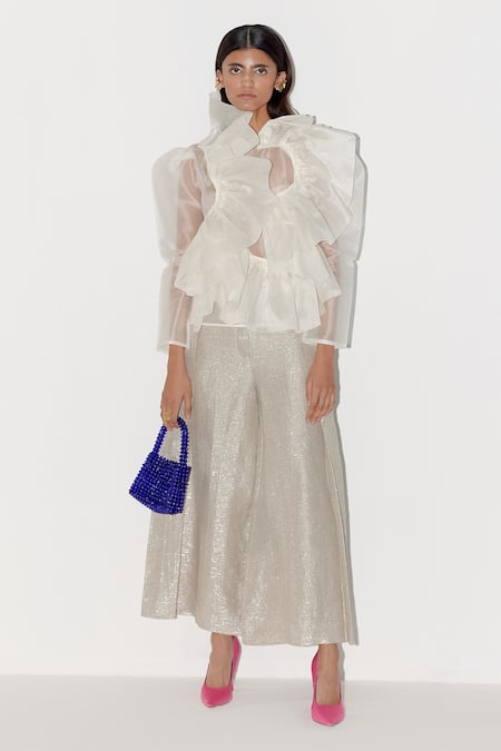 Febo6_White Silk Organza Round Neck Swan Layered Ruffle Top _at_Aza_Fashions