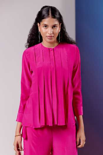 Buy_Febo6_Pink Silk Round Neck Box Pleated Top _Online_at_Aza_Fashions