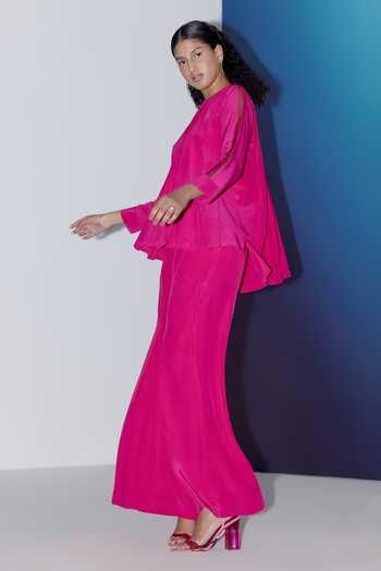 Shop_Febo6_Pink Silk Round Neck Box Pleated Top _Online_at_Aza_Fashions