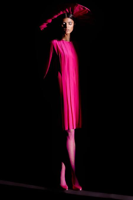 Shop Febo6 Pink Silk Round Neck Box Pleated Dress Online at Aza Fashions Shop_Febo6_Pink Silk Round Neck Box Pleated Dress _Online_at_Aza_Fashions