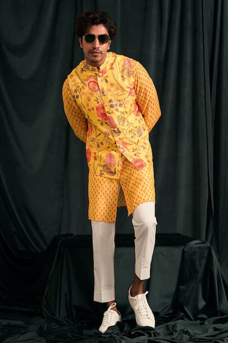 Project Bandi_Yellow Cotton Embroidery Floral Printed Bundi And Kurta Set _Online_at_Aza_Fashions