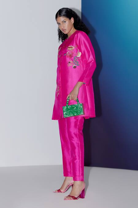 Febo6 Pink Silk Embroidery Round Neck Grapevine Jacket And Pant Set Online at Aza Fashions Febo6_Pink Silk Embroidery Round Neck Grapevine Jacket And Pant Set _Online_at_Aza_Fashions
