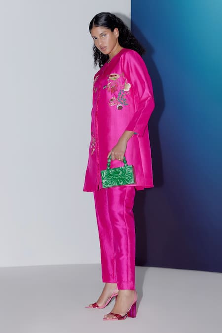 Buy_FEBO6_Pink Silk Plain Grapevine Trouser  _Online_at_Aza_Fashions