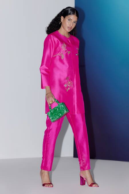 Buy Febo6 Pink Silk Embroidery Round Neck Grapevine Jacket And Pant Set Online at Aza Fashions Buy_Febo6_Pink Silk Embroidery Round Neck Grapevine Jacket And Pant Set _Online_at_Aza_Fashions
