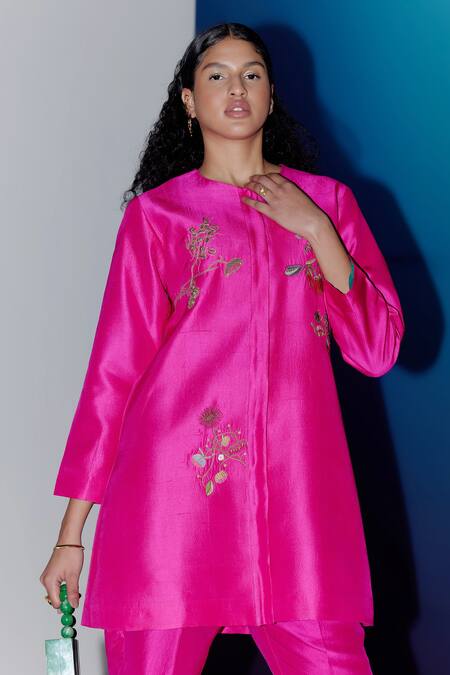 Shop Febo6 Pink Silk Embroidery Round Neck Grapevine Jacket And Pant Set Online at Aza Fashions Shop_Febo6_Pink Silk Embroidery Round Neck Grapevine Jacket And Pant Set _Online_at_Aza_Fashions