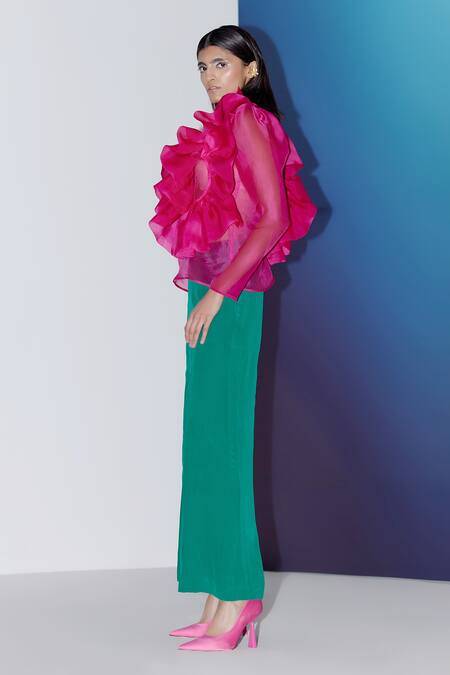 Febo6 Pink Silk Organza Sequins Round Neck Layered Ruffle Top Online at Aza Fashions Febo6_Pink Silk Organza Sequins Round Neck Layered Ruffle Top _Online_at_Aza_Fashions