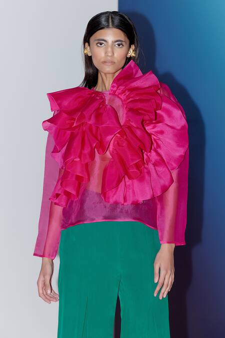 Buy Febo6 Pink Silk Organza Sequins Round Neck Layered Ruffle Top Online at Aza Fashions Buy_Febo6_Pink Silk Organza Sequins Round Neck Layered Ruffle Top _Online_at_Aza_Fashions