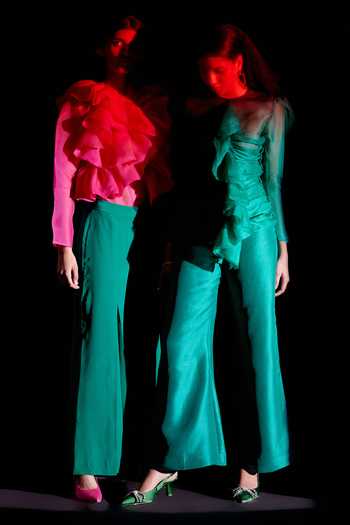 Febo6 Green Silk, Organza Round Neck Puff Sleeve Top And Trouser Set Online at Aza Fashions Febo6_Green Silk, Organza Round Neck Puff Sleeve Top And Trouser Set _Online_at_Aza_Fashions