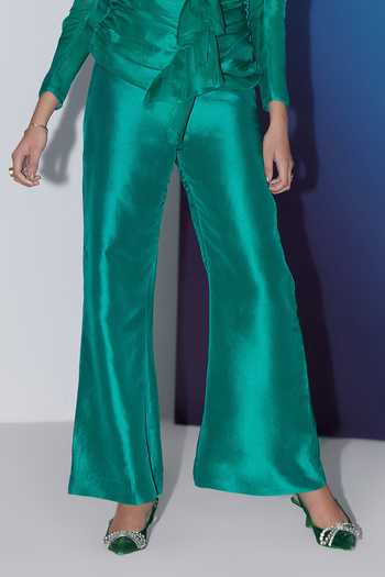 Shop Febo6 Green Silk, Organza Round Neck Puff Sleeve Top And Trouser Set Online at Aza Fashions Shop_Febo6_Green Silk, Organza Round Neck Puff Sleeve Top And Trouser Set _Online_at_Aza_Fashions