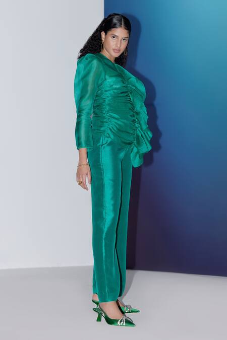 Febo6 Green Silk Organza Round Neck Front Ruched Top at Aza Fashions Febo6_Green Silk Organza Round Neck Front Ruched Top _at_Aza_Fashions