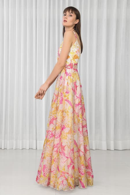 Mandira Wirk_Yellow Polyester, Organza Embroidery Crew Neck Dahlia Bouquet Print Dress  _Online_at_Aza_Fashions