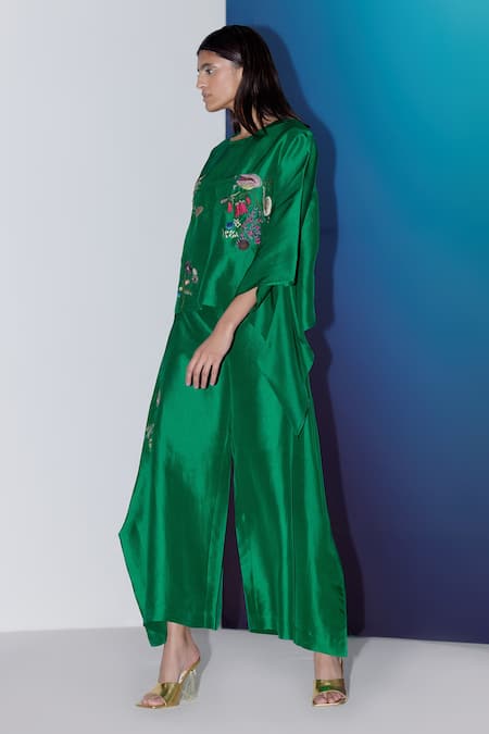 Febo6_Green Silk Placement Embroidery Flower Vine Pant _Online_at_Aza_Fashions