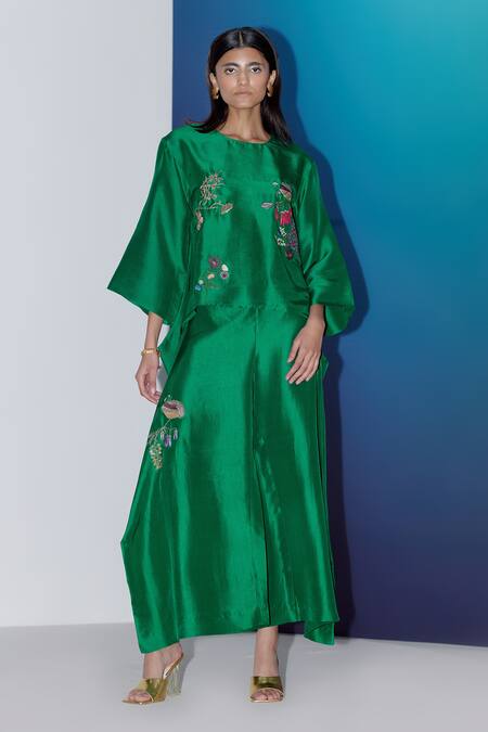 Buy_Febo6_Green Silk Placement Embroidery Flower Vine Pant _Online_at_Aza_Fashions