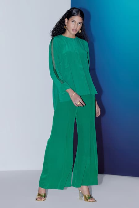 Febo6_Green Silk Round Neck Pleated Top _Online_at_Aza_Fashions