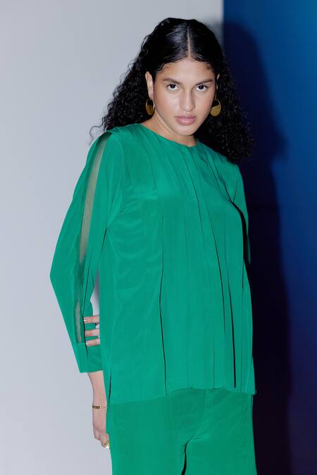 Buy_Febo6_Green Silk Round Neck Pleated Top _Online_at_Aza_Fashions