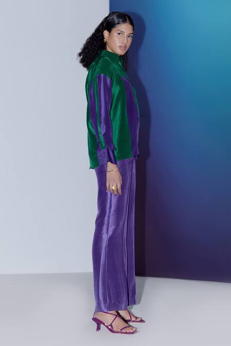 Buy_Febo6_Green Silk Collared Color Block Shirt _Online_at_Aza_Fashions