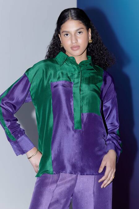 Shop_Febo6_Green Silk Collared Color Block Shirt _Online_at_Aza_Fashions