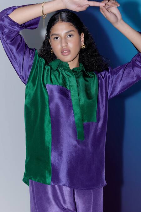Febo6_Green Silk Collared Color Block Shirt _at_Aza_Fashions
