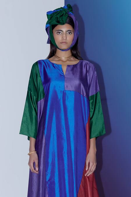 Febo6 Multi Color Silk Split V-neck Block Kurta Online at Aza Fashions Febo6_Multi Color Silk Split V-neck Block Kurta _Online_at_Aza_Fashions