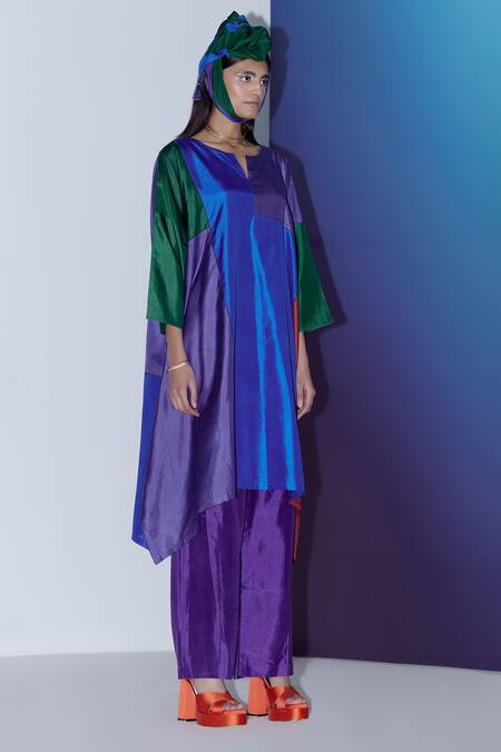 Shop Febo6 Multi Color Silk Split V-neck Block Kurta Online at Aza Fashions Shop_Febo6_Multi Color Silk Split V-neck Block Kurta _Online_at_Aza_Fashions