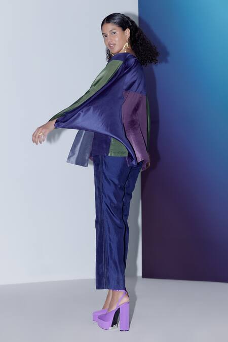 Febo6_Multi Color Silk V-neck Dawn Block Top _Online_at_Aza_Fashions