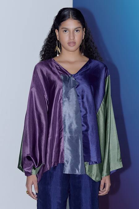 Buy_Febo6_Multi Color Silk V-neck Dawn Block Top _Online_at_Aza_Fashions