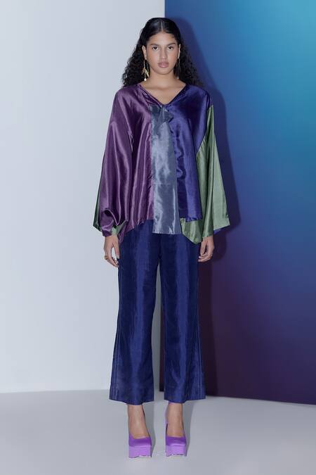Shop_Febo6_Multi Color Silk V-neck Dawn Block Top _Online_at_Aza_Fashions