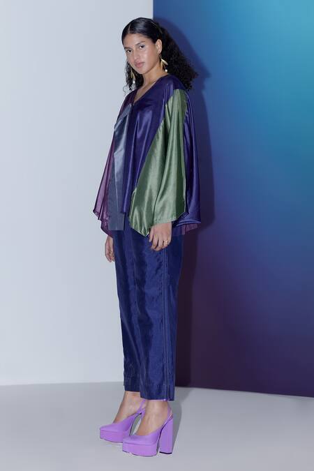 Febo6_Multi Color Silk V-neck Dawn Block Top _at_Aza_Fashions